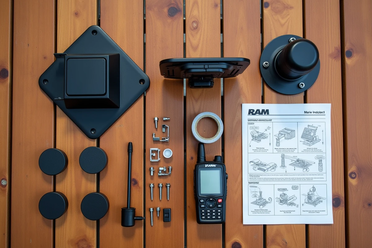 Kit complet RAM Mount pour bateau avec accessoires de fixation anti-vibration sur pont en teck