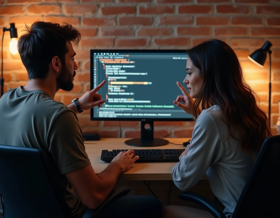 Deux amis collaborant pour lancer leur premier serveur FiveM sur un ordinateur de bureau dans un appartement partagé