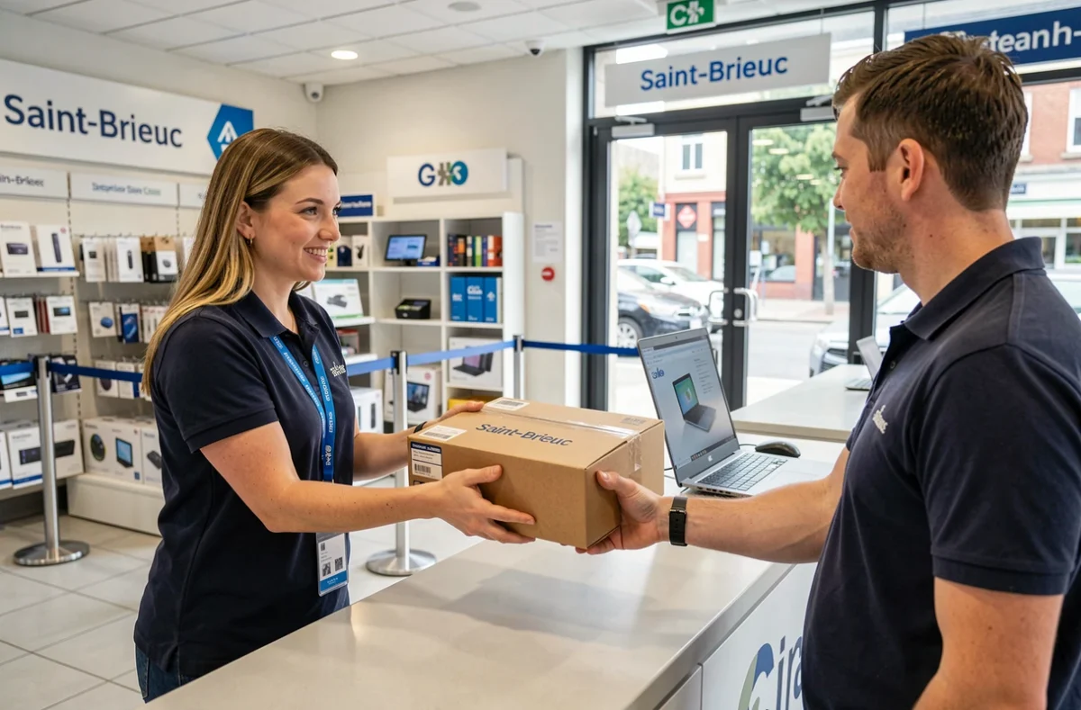 Employée de LDLC Saint-Brieuc remettant une commande à un client au comptoir de retrait en magasin