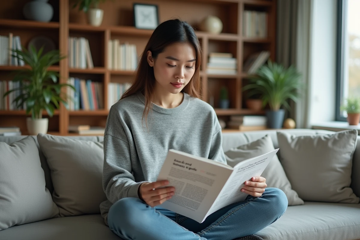 Jeune femme lisant un guide imprimé sur la technologie et le marketing dans un bureau à domicile
