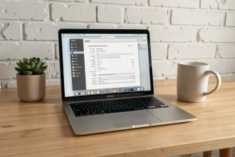 MacBook Air puce M2 ouvert sur un bureau en bois minimaliste avec écran de configuration macOS visible