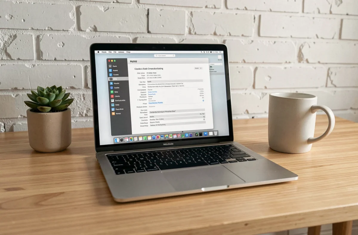 MacBook Air puce M2 ouvert sur un bureau en bois minimaliste avec écran de configuration macOS visible