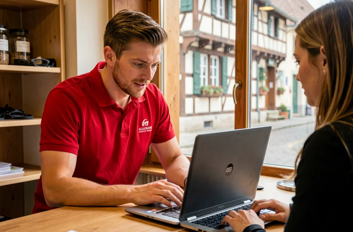 Technicien de MAD Informatique remettant un ordinateur réparé à une cliente dans une boutique en Alsace
