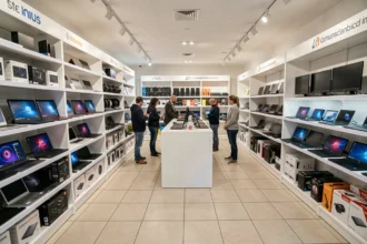 Intérieur d'un magasin informatique breton avec rayons de laptops et composants, clients et vendeur en interaction