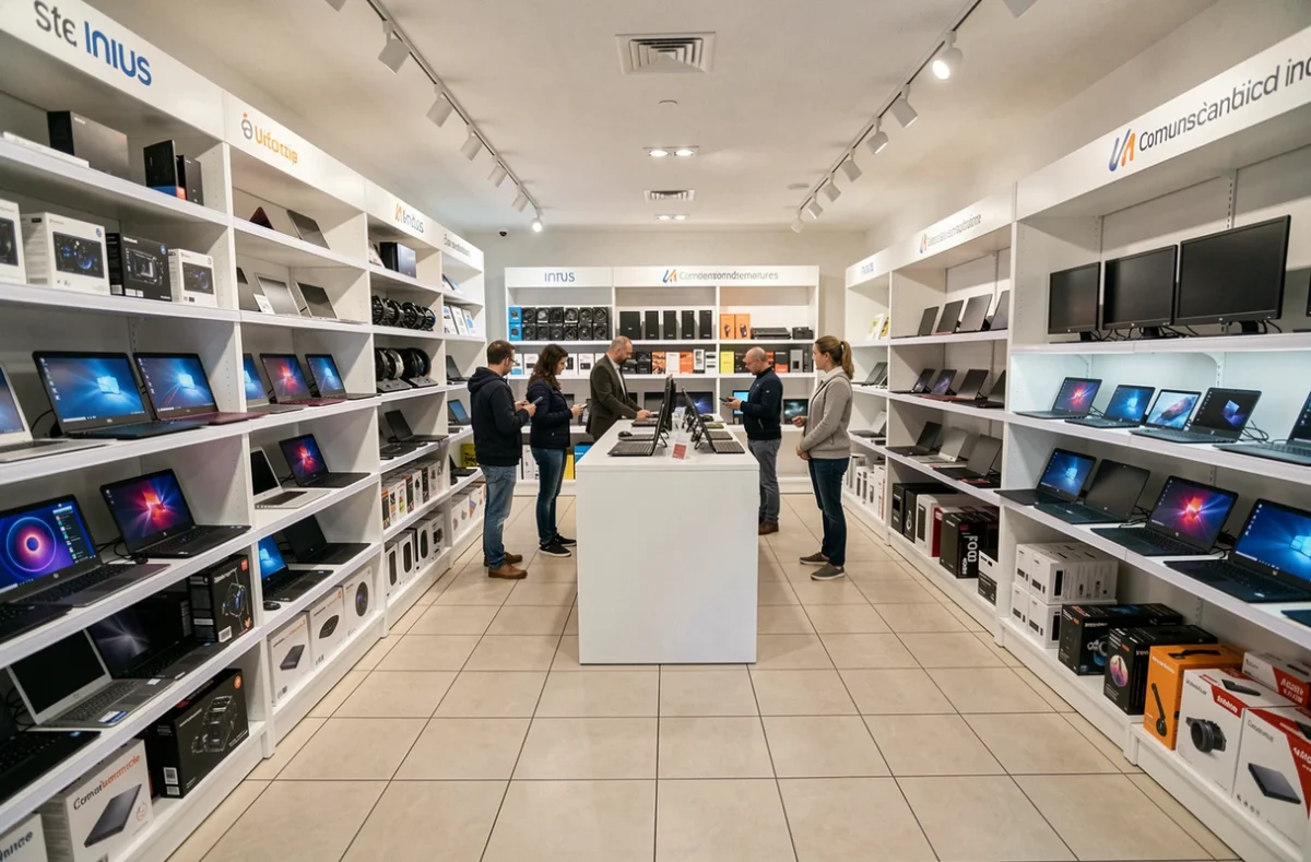 Intérieur d'un magasin informatique breton avec rayons de laptops et composants, clients et vendeur en interaction