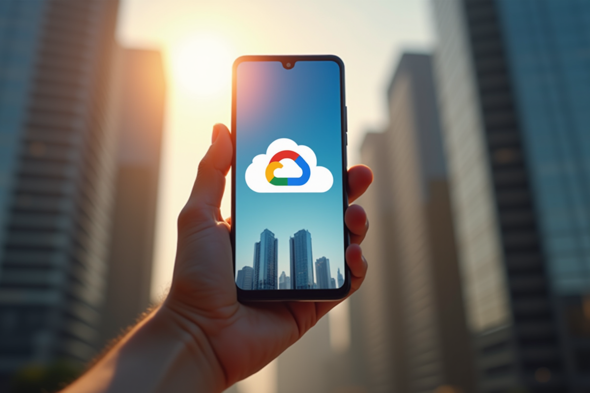 Main tenant un smartphone avec logo Google Cloud et reflet de la ville en arrière-plan