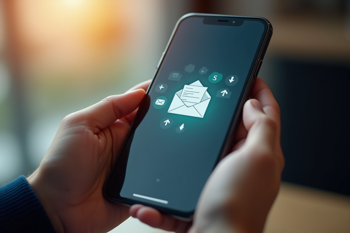 Mains tenant un smartphone avec email suspect et notifications