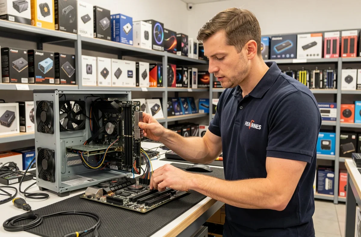 Technicien de Materiel.net Rennes assemblant un PC sur mesure avec des composants informatiques sur un établi
