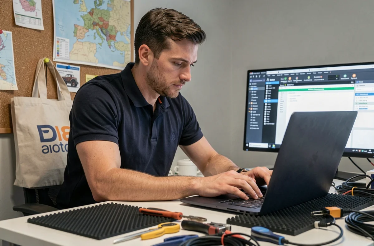 Technicien informatique effectuant un diagnostic sur un ordinateur portable dans le cadre du service de dépannage MD Micro Services couvrant le Grand Est
