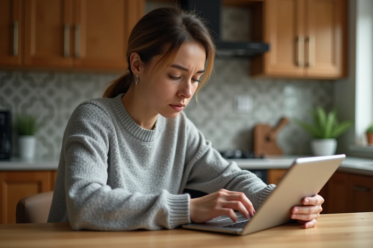 Mère consultant les paramètres de confidentialité sur une tablette pour protéger les données personnelles de son enfant