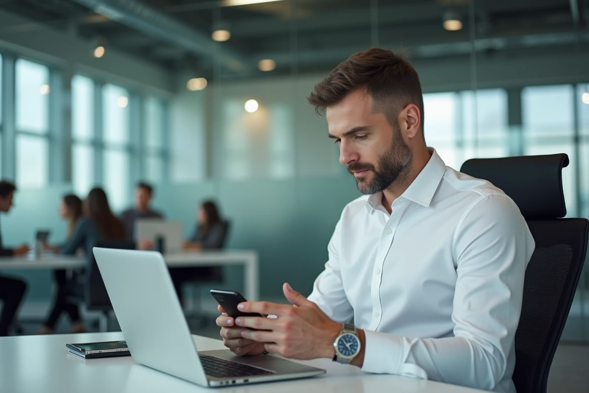 Homme professionnel configurant un message programmé sur WhatsApp dans un bureau moderne