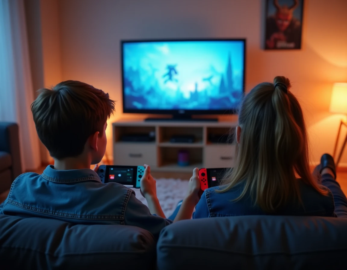 Deux adolescents jouant en multijoueur avec des Joy-Con sur Nintendo Switch connectés à une grande télévision dans une salle de jeux