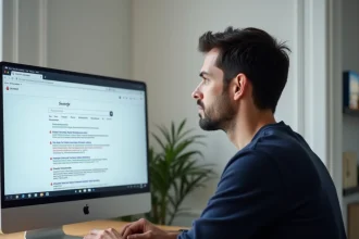 Homme analysant des résultats de recherche Google suspects sur son ordinateur pour nettoyer ses SERP