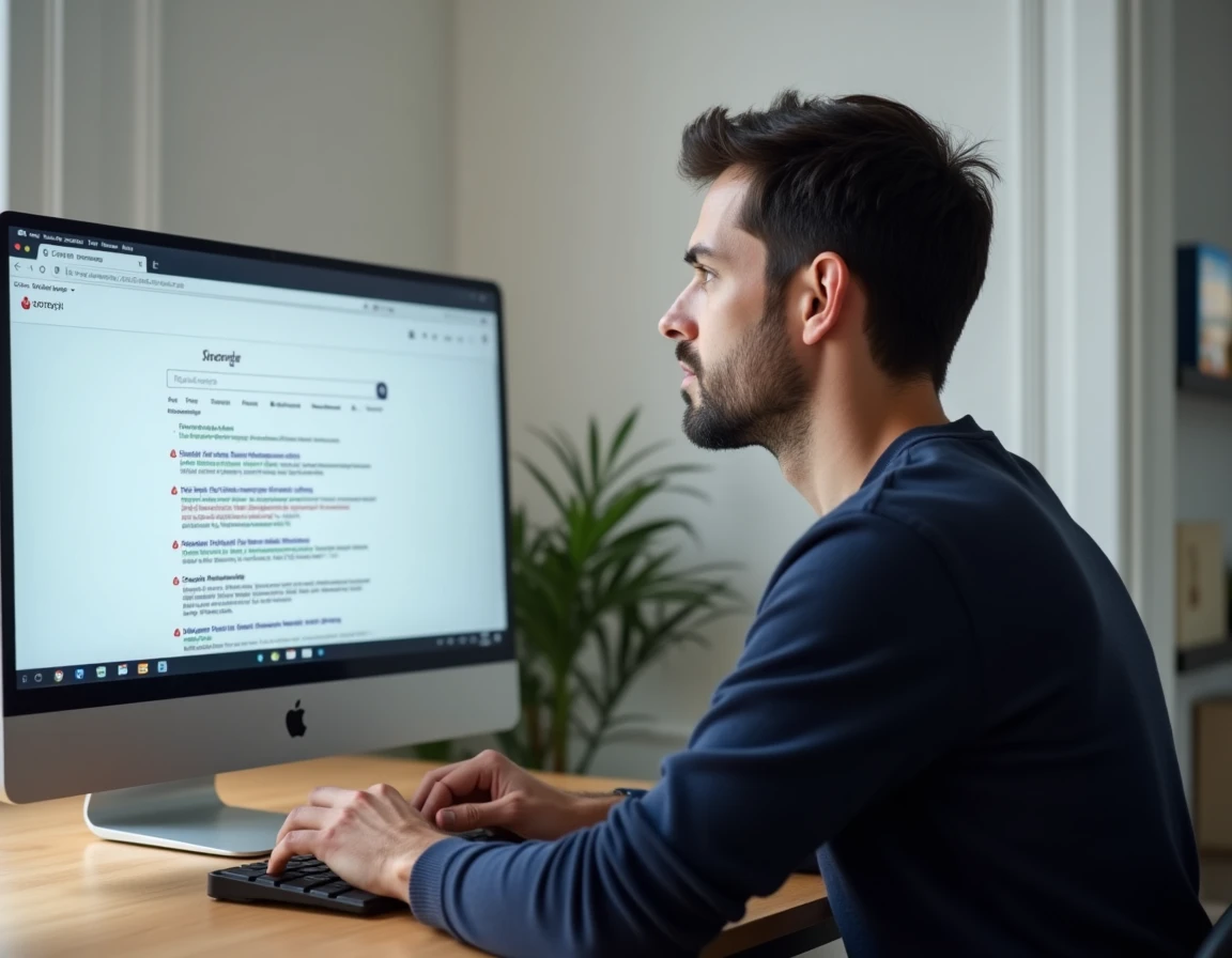 Homme analysant des résultats de recherche Google suspects sur son ordinateur pour nettoyer ses SERP