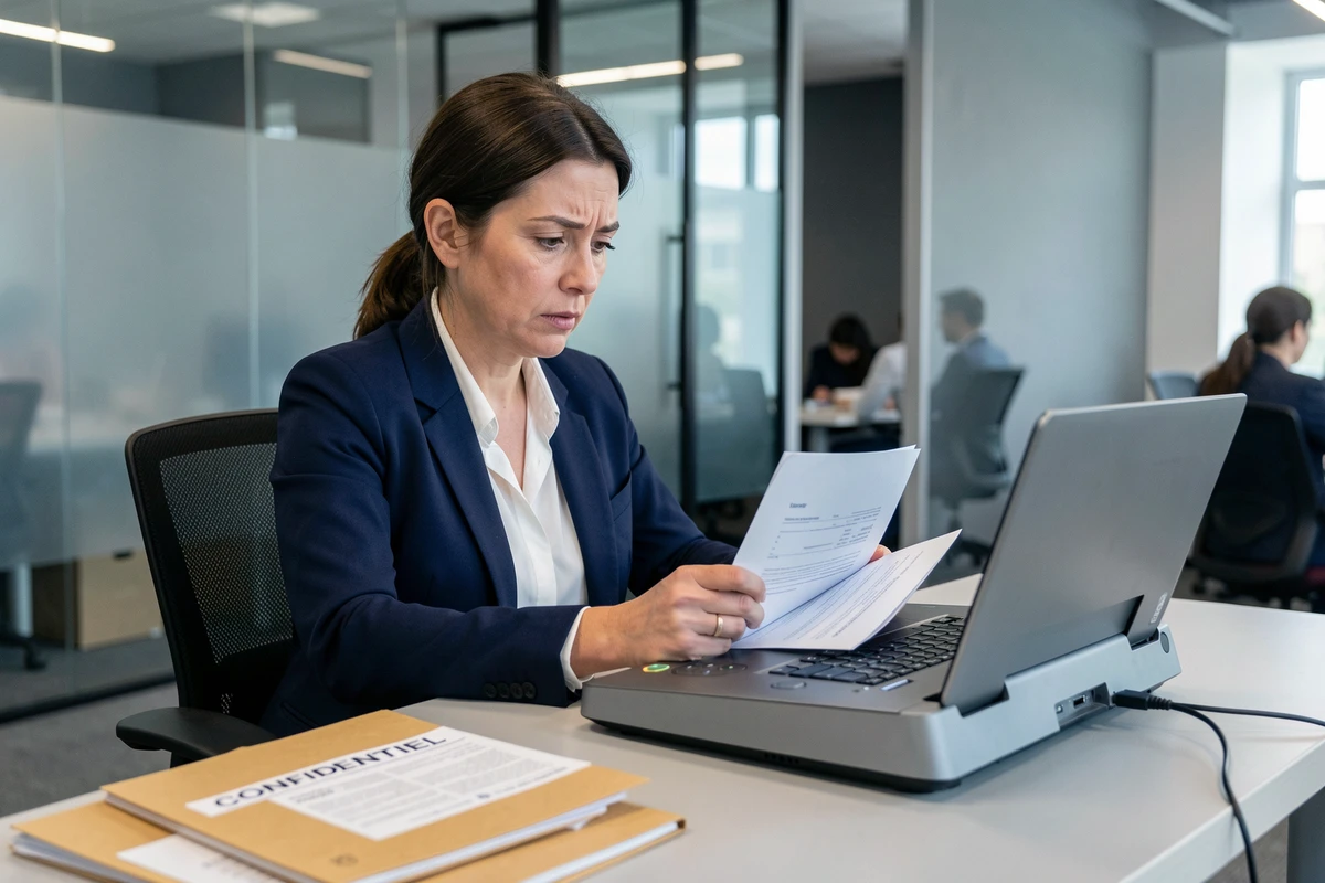 Professionnelle en entreprise numérisant des documents PDF confidentiels sur un scanner bureautique connecté à un ordinateur portable