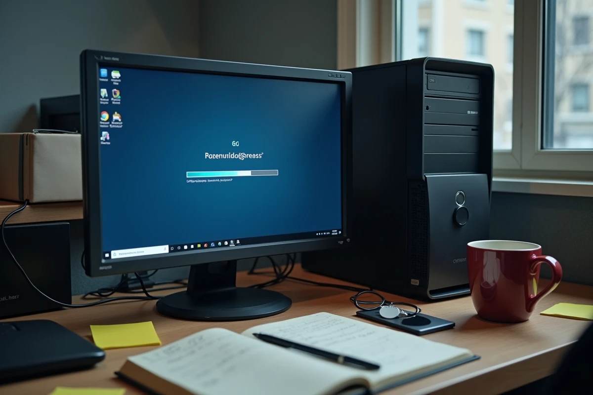 Ordinateur de bureau affichant une mise à niveau Windows bloquée sur un bureau encombré dans un environnement informatique