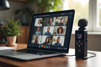 Bureau à domicile avec ordinateur portable et enregistrement audio