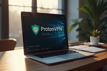 Ordinateur portable affichant une connexion VPN ProtonVPN à la maison