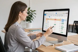 Femme professionnelle organisant sa boîte mail Sogo Webmail sur un ordinateur de bureau dans un bureau moderne