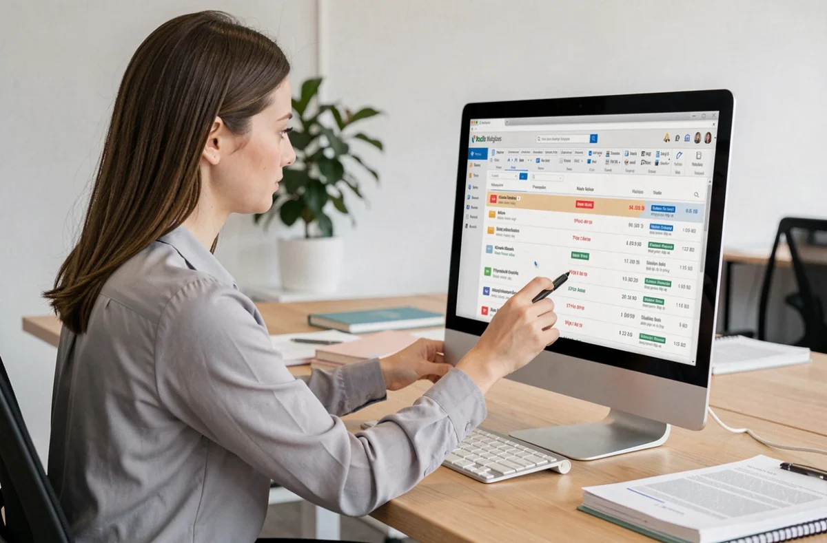Femme professionnelle organisant sa boîte mail Sogo Webmail sur un ordinateur de bureau dans un bureau moderne