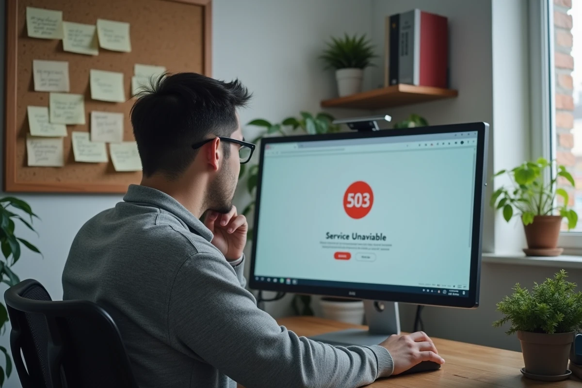 Homme en télétravail confronté à une erreur 503 sur son écran lors d'une panne de messagerie webmail universitaire