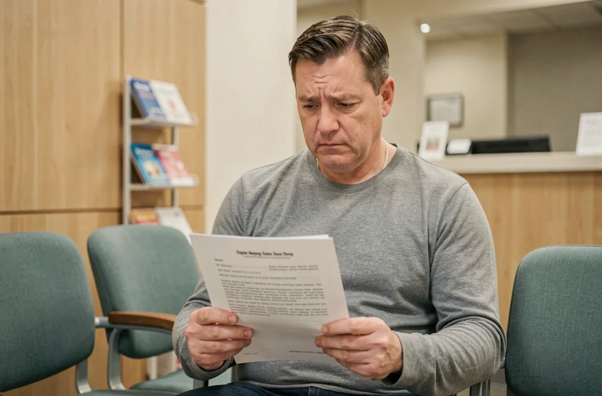 Patient lisant un formulaire de consentement pour le partage de données d'imagerie médicale dans une salle d'attente de clinique moderne, illustrant les enjeux de confidentialité RGPD