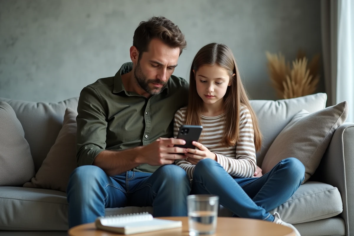 Père et fille discutant ensemble de la protection des données personnelles sur un smartphone dans le salon familial