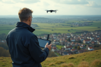 Pilote de drone homme concentré sur sa tablette avec vue sur la ville