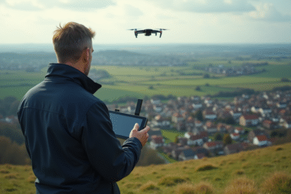 Pilote de drone homme concentré sur sa tablette avec vue sur la ville