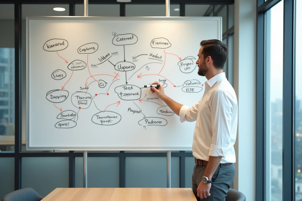 Homme présentant un schéma complexe de terminologie tech et marketing sur tableau blanc en salle de réunion