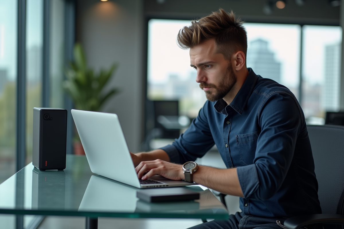 Jeune homme en informatique concentré sur son ordinateur