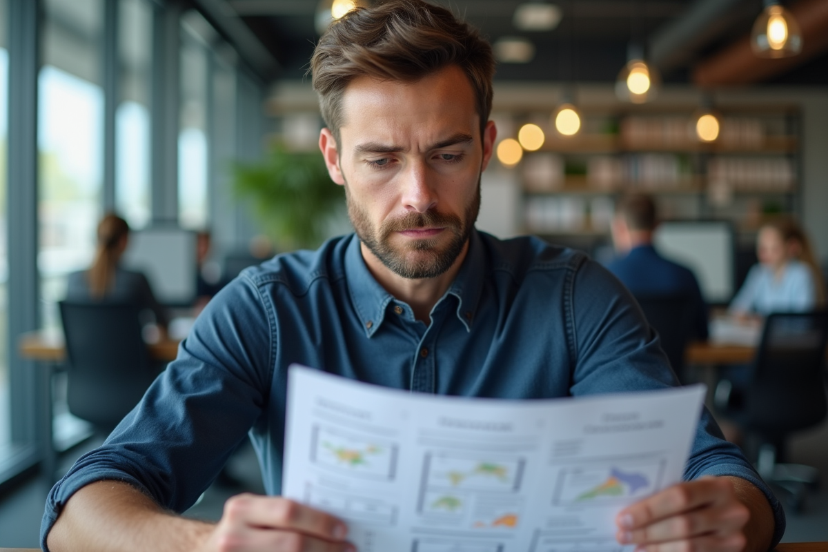 Jeune homme professionnel en bureau attentif à un plan du site