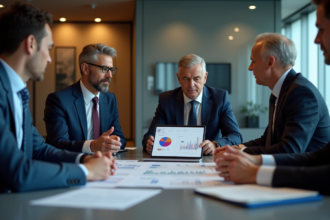 Groupe de professionnels en réunion autour de données