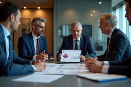 Groupe de professionnels en réunion autour de données