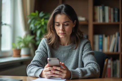 Femme programmant un message WhatsApp sur smartphone dans un bureau à domicile