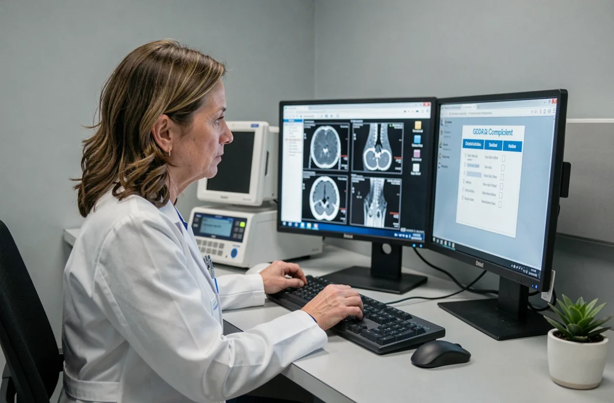 Radiologue féminine consultant des images médicales sur écran double avec checklist RGPD visible dans une salle de lecture hospitalière moderne