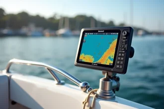 Support RAM Mount fixé sur le rail d'un bateau maintenant un GPS marin sans vibration