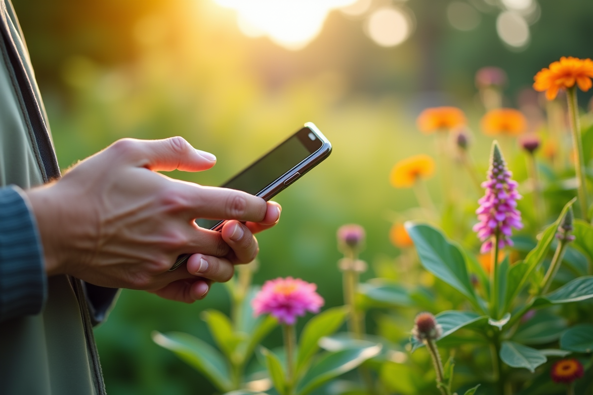 Chercheur utilisant une application de reconnaissance de plantes en extérieur