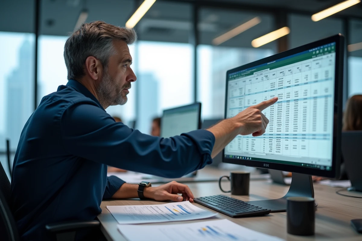 Homme en entreprise analysant une formule Excel avec des références de cellules absolues figées sur grand écran