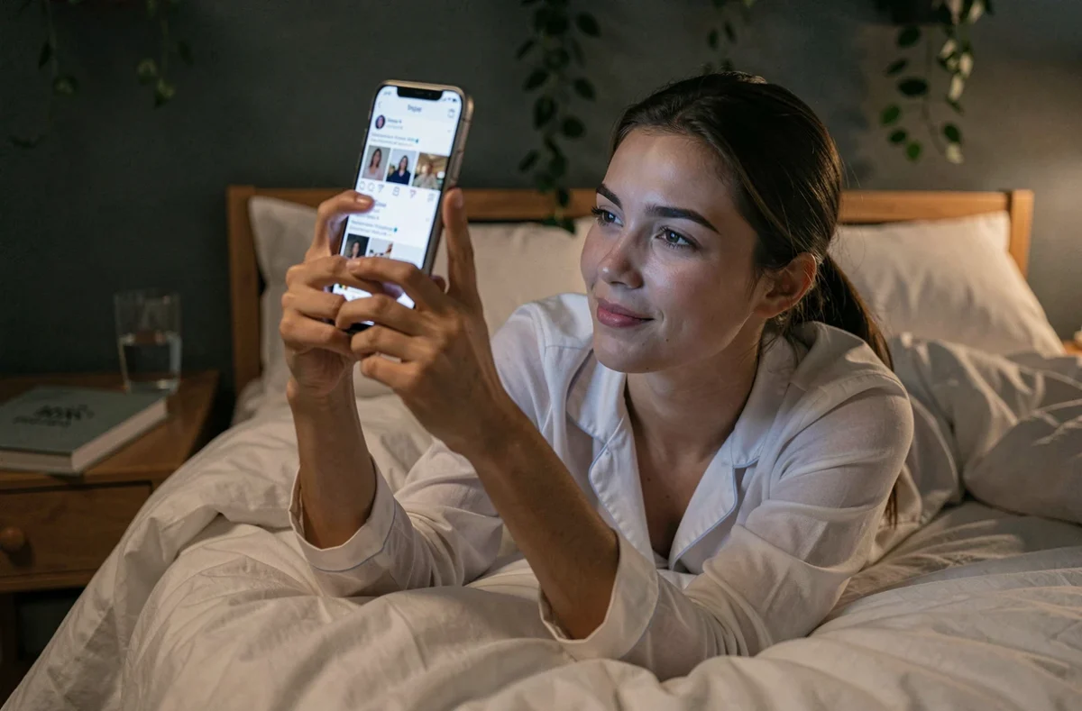 Jeune femme regardant anonymement des stories Instagram allongée dans son lit tard le soir sur son smartphone