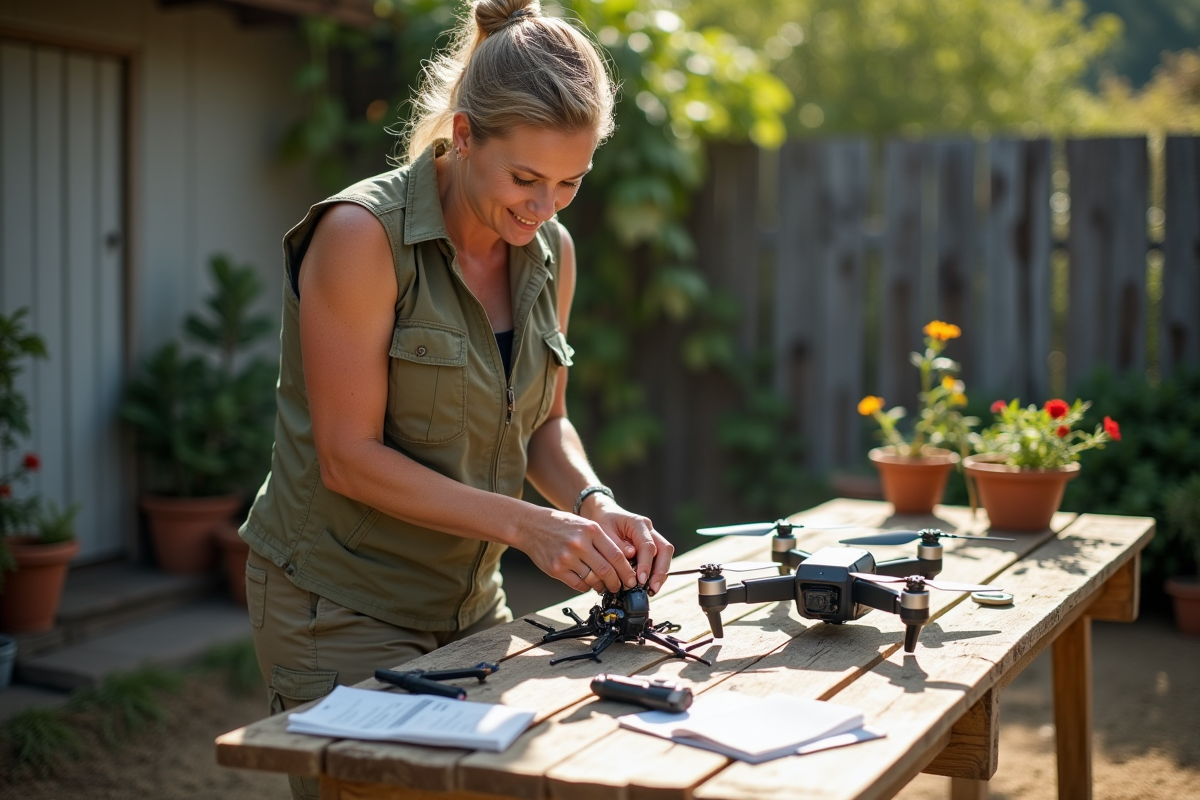 Femme assemblant des composants de drone en extérieur