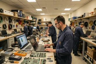 Atelier de réparation informatique professionnel dans le Grand Est avec des techniciens travaillant sur des ordinateurs ouverts