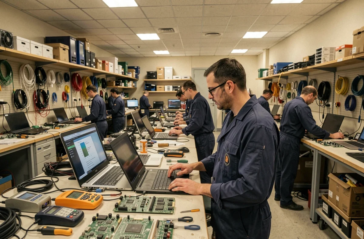 Atelier de réparation informatique professionnel dans le Grand Est avec des techniciens travaillant sur des ordinateurs ouverts