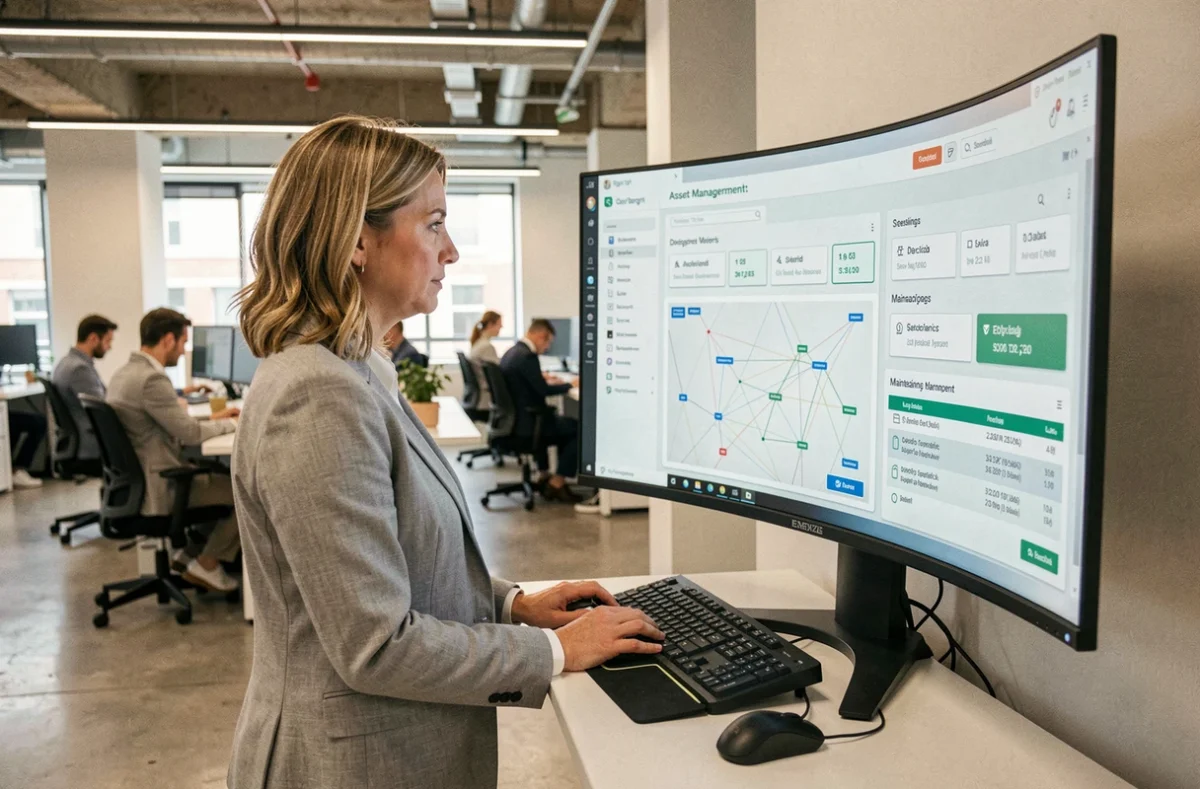Responsable informatique consultant un tableau de bord de gestion de parc sur un écran incurvé dans un open space moderne