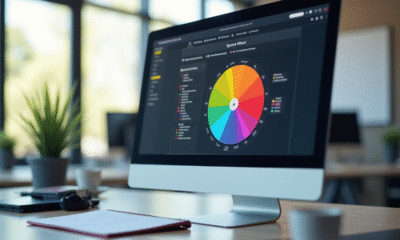 Ecran d'ordinateur avec roue virtuelle dans un bureau lumineux