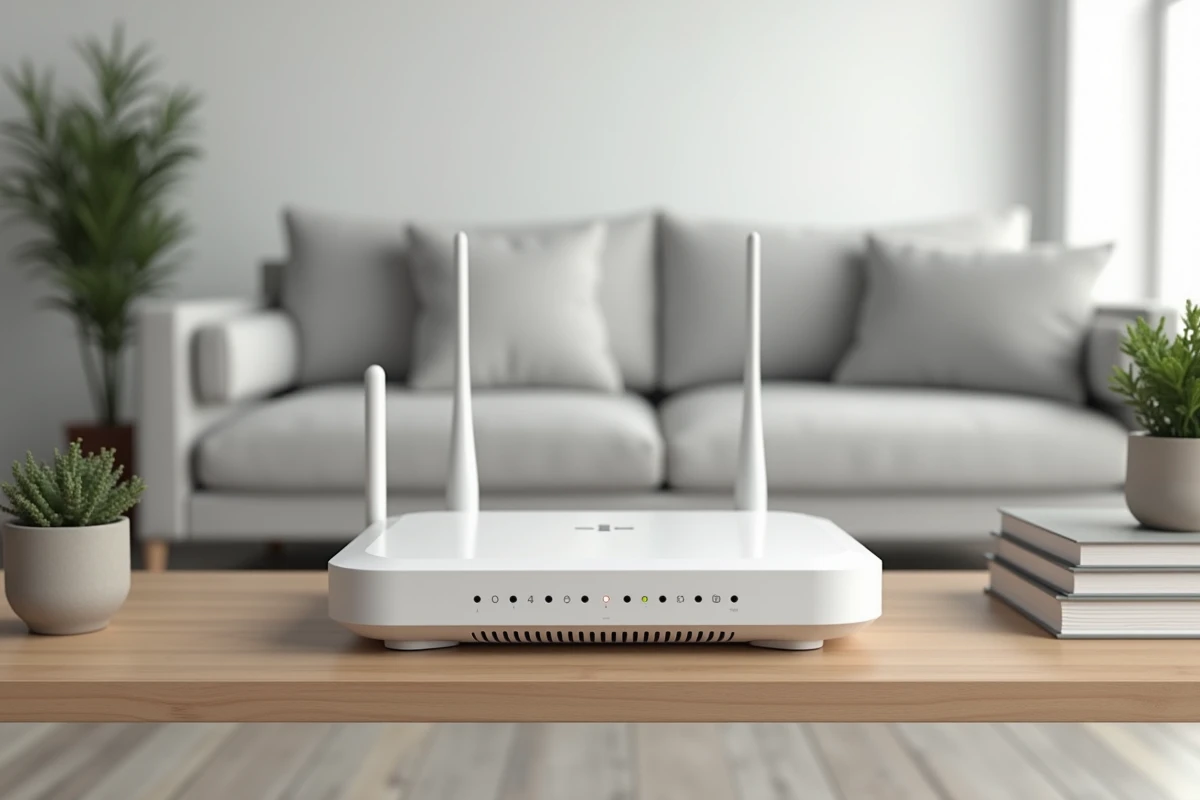 Routeur WiFi blanc moderne posé sur une étagère en bois dans un salon, symbolisant la configuration réseau domestique et la sécurité internet