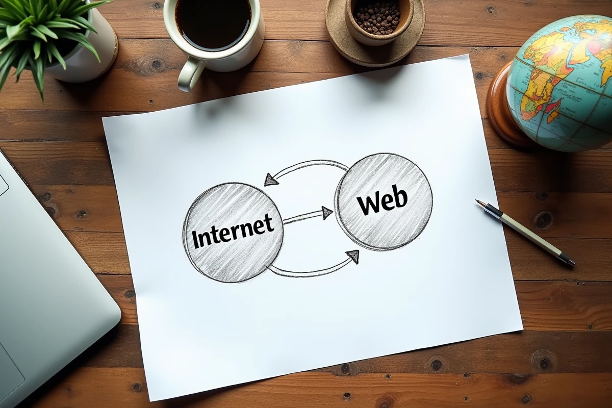 Vue de dessus d'un schéma dessiné à la main illustrant la différence entre internet et le web sur une table en bois