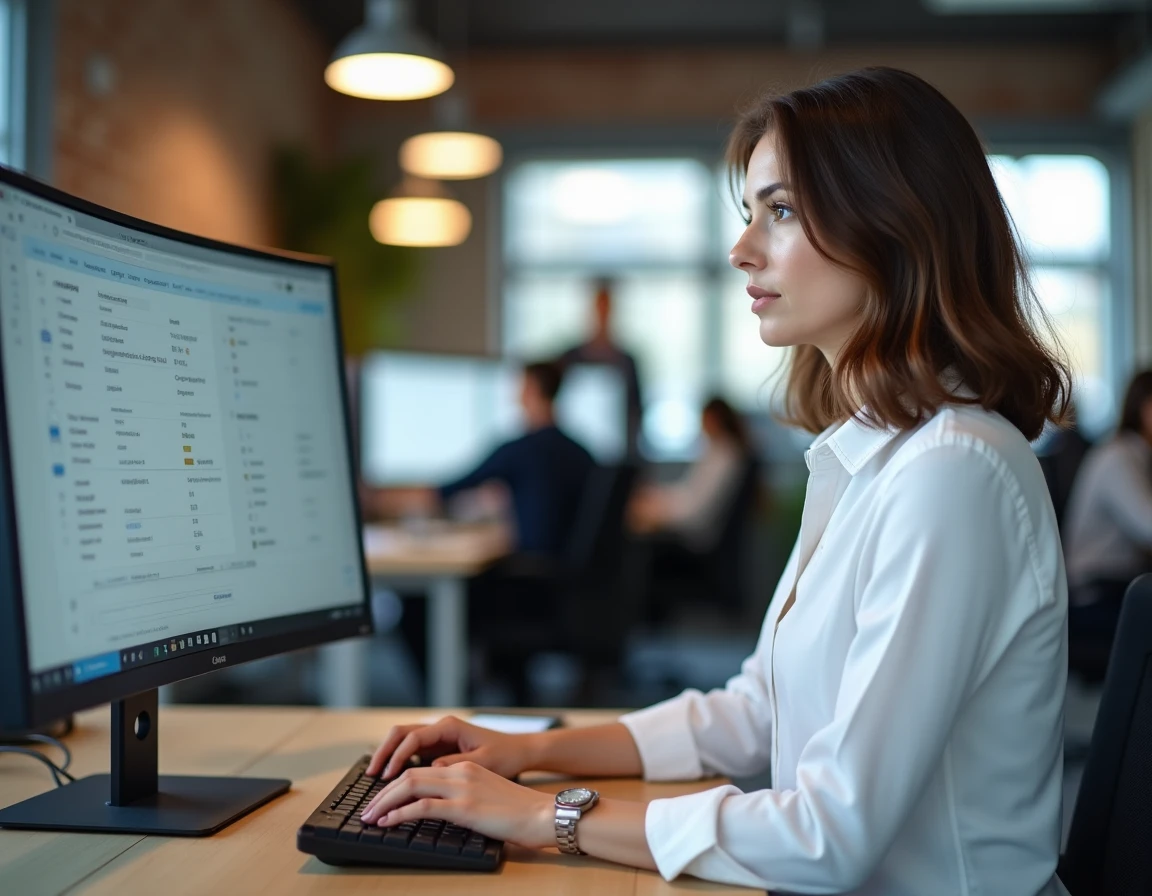 Femme en bureau open space utilisant Google Search Console pour identifier des domaines nuisibles dans les SERP