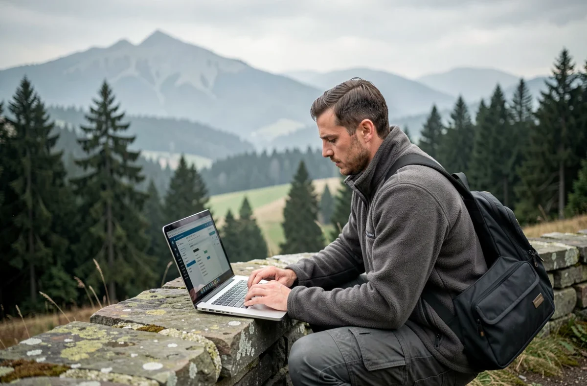 Technicien SITIS effectuant un dépannage informatique en déplacement dans le paysage rural des Vosges