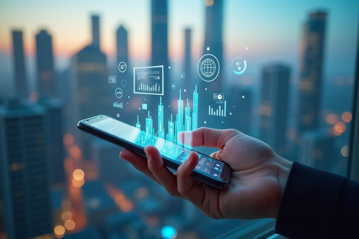 Main tenant un smartphone avec rapport marketing et graphiques holographiques